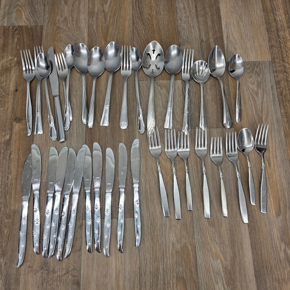 Mixed Stainless Flatware Lot Oneida Ekco Silco Capri Starburst Floral 35pc Japan